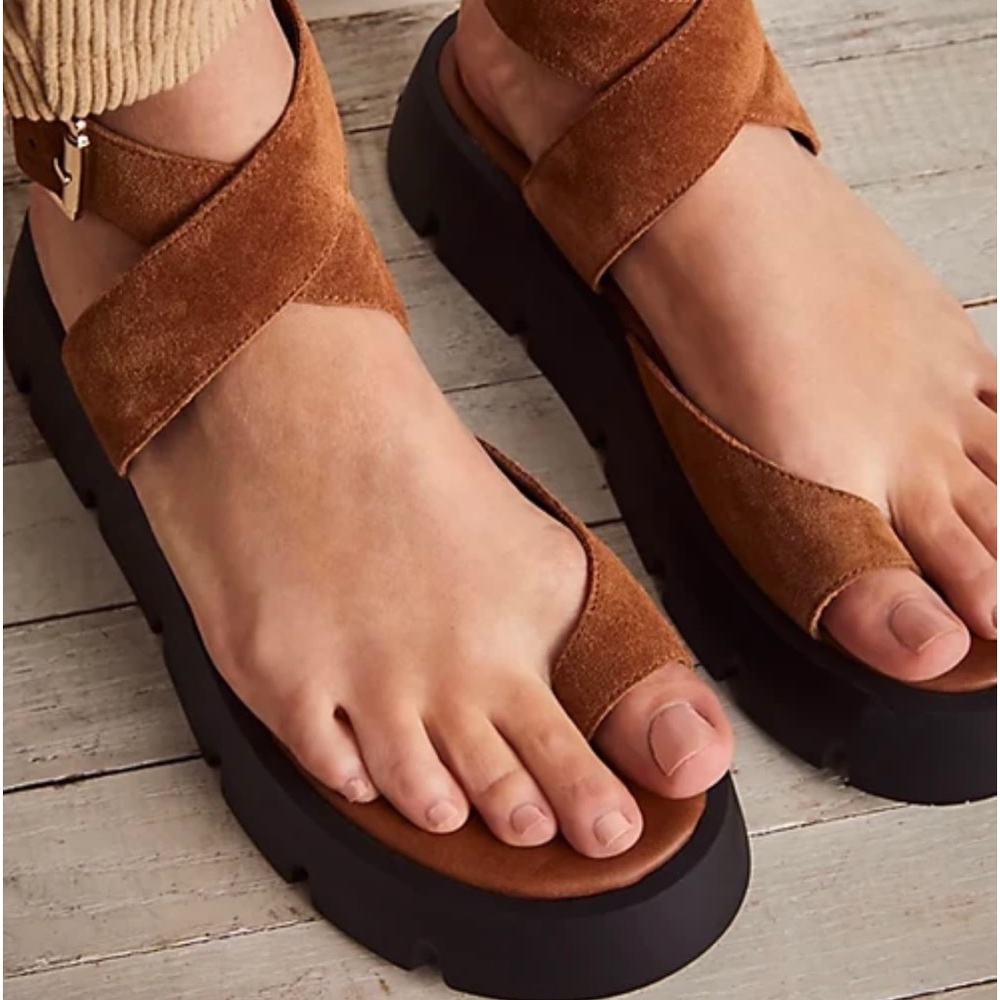 Free People Chunky Suede Strap Sandals in Cognac Brown